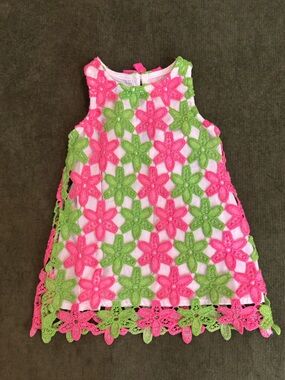 MudPie Pink & Green Floral Crochet Overlay Dress
